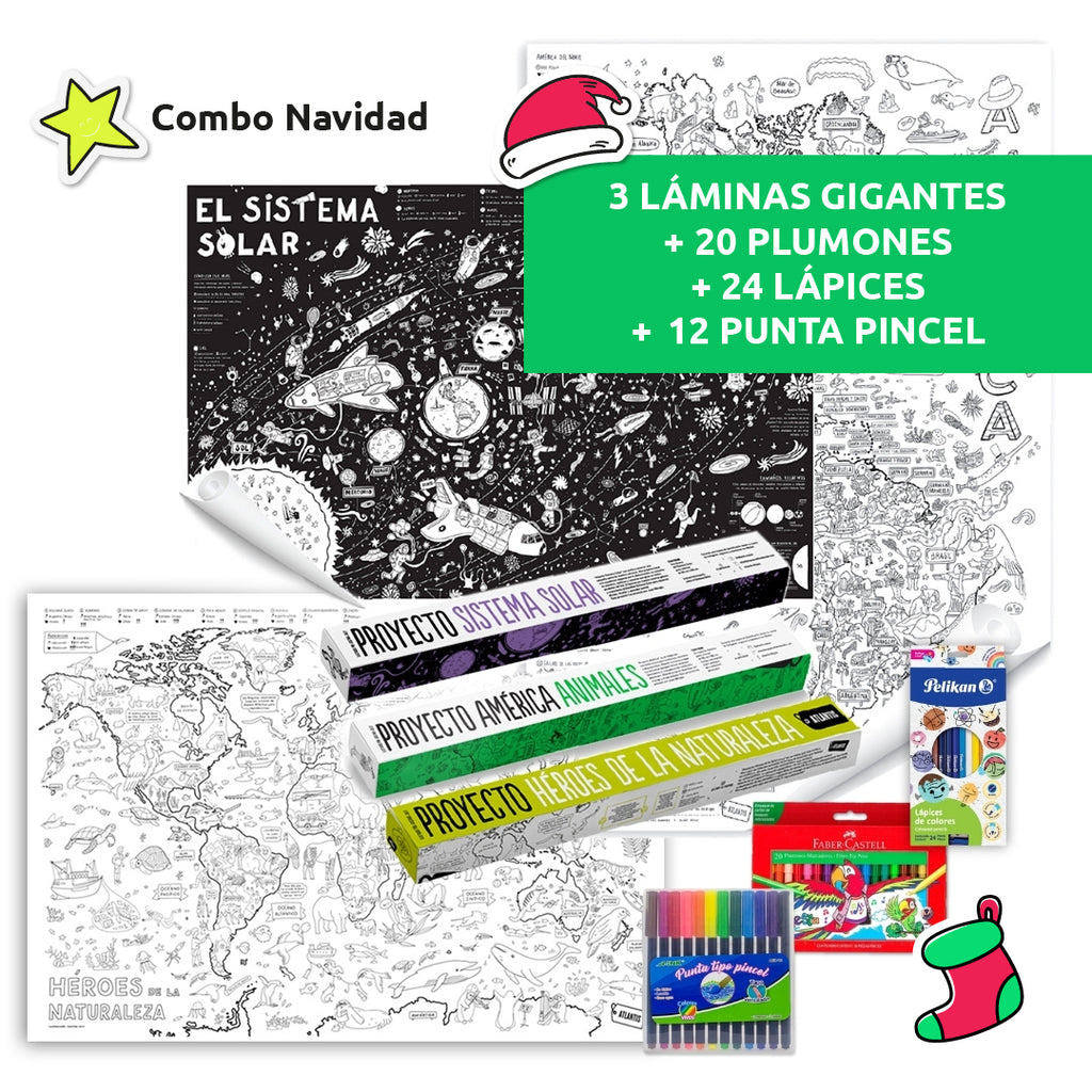 COMBO ESPECIAL 3 Láminas Atlantis + 24 lapices + 20 plumones + 12 plumones pincel